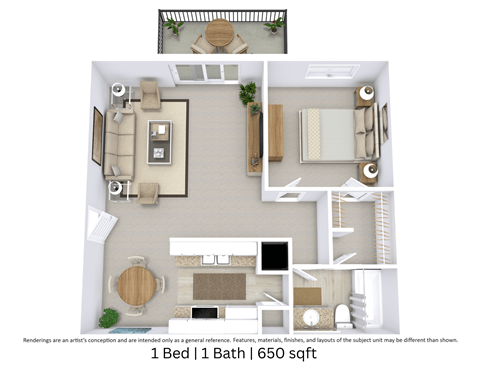 Floor plan for 1 bed, 1 bath, 650 sqft